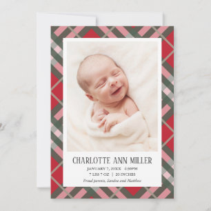 Red Plaid Baby Birth Announcement Photo Card