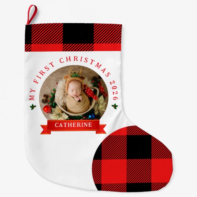 Red Plaid Baby's First Christmas 1 Photo Christmas Large Christmas Stocking (Front)