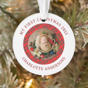 Red Plaid Baby's First Christmas Custom Name Ornament