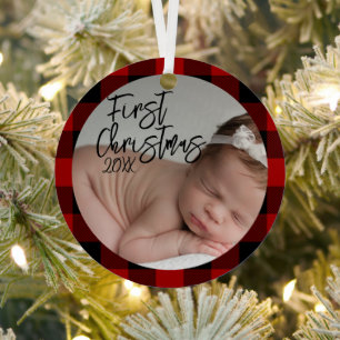 Red Plaid Baby's First Christmas  Metal Tree Decoration