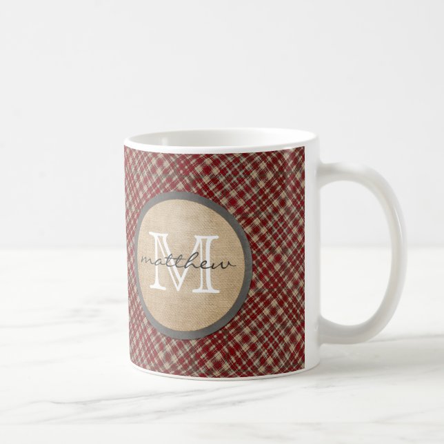 Red Plaid Background monogram Coffee Mug (Right)