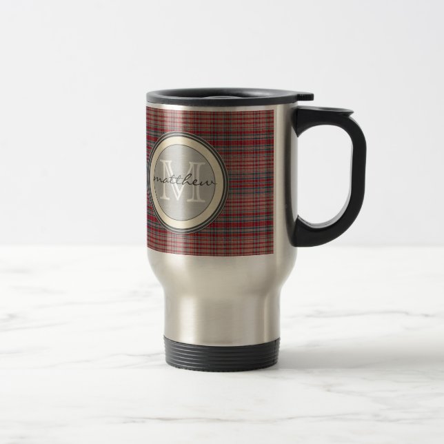 Red Plaid Background monogram Travel Mug (Right)