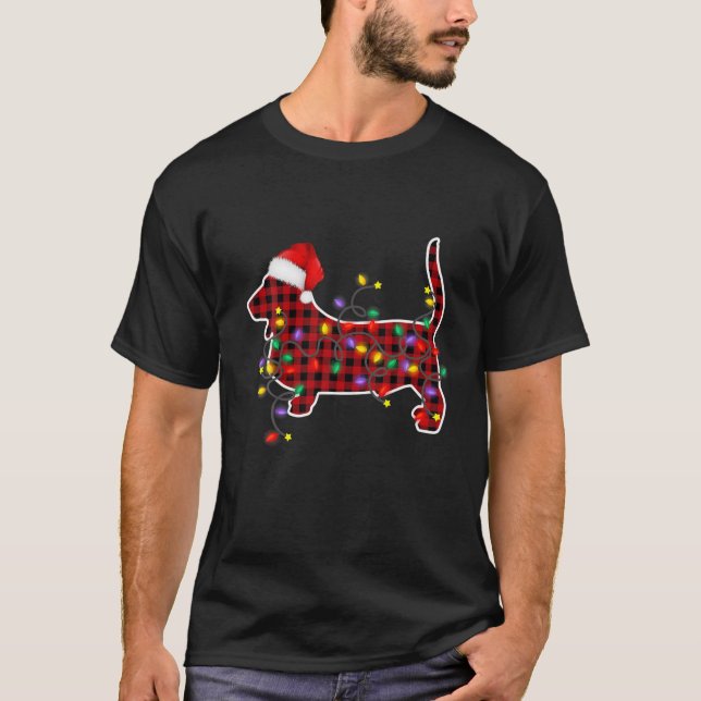 Red Plaid Basset Hound Dog Christmas Lights Pajama T-Shirt (Front)
