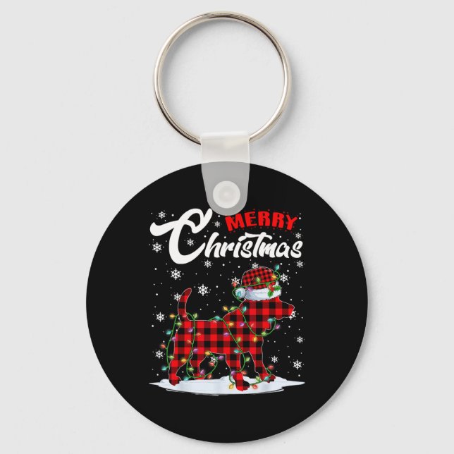 Red Plaid Beagle Dog Santa Hat Christmas Tree Ligh Key Ring (Front)