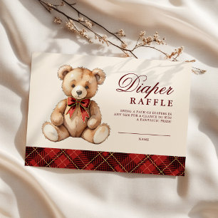 Red Plaid Bear Baby Shower Diaper Raffle Enclosure Card