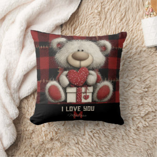 Red Plaid Bear I Love You Custom Name Monogram Cushion