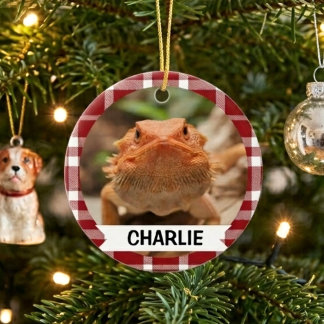Red Plaid Bearded Dragon Custom Name Pet Photo Ceramic Tree Decoration