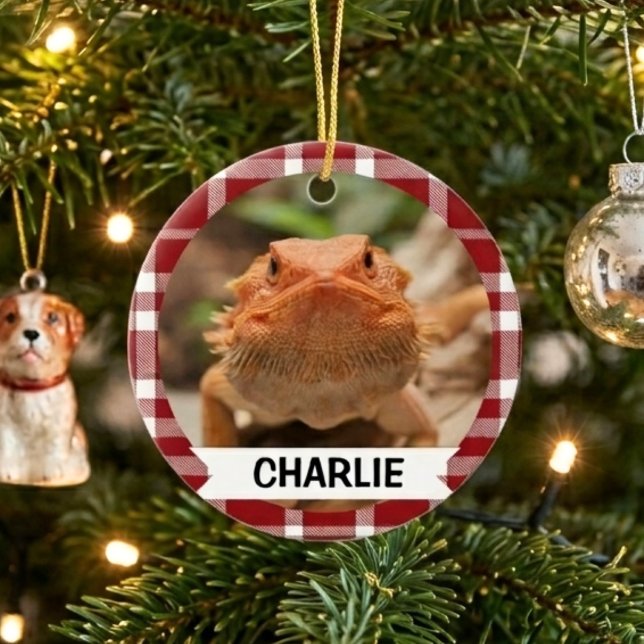 Red Plaid Bearded Dragon Custom Name Pet Photo Ceramic Tree Decoration (Creator Uploaded)