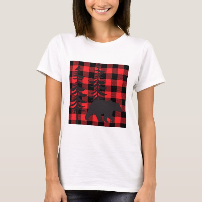 Red Plaid Black Bear Pattern T-Shirt (Front)