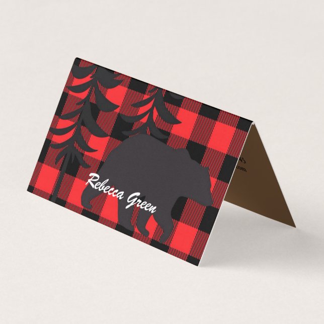 Red Plaid Black Bear Silhouette Business Card (Front)