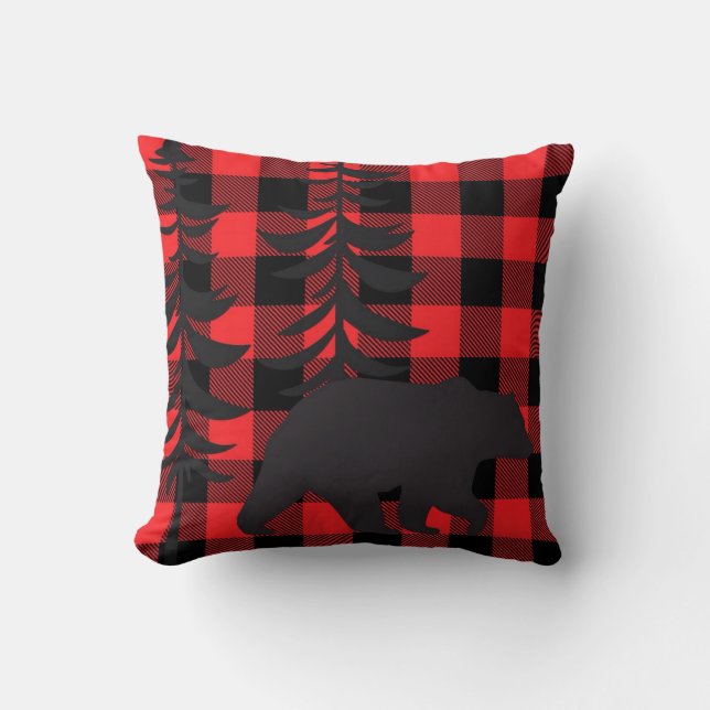 Red Plaid Black Bear Silhouette Cushion (Front)