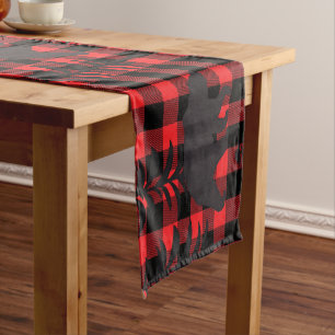 Red Plaid Black Bear Silhouette Short Table Runner
