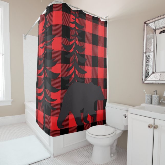 Red Plaid Black Bear Silhouette Shower Curtain (In Situ)