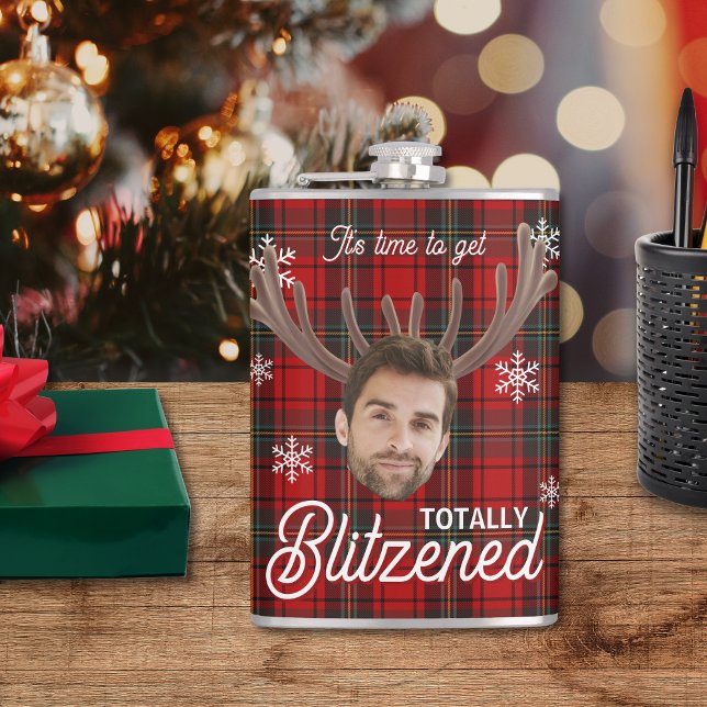 Red Plaid Blitzened Holiday Humor Drinking Flask (Red plaid Christmas flask with snowflakes and “It’s time to get Blitzened” holiday humor.)