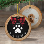 Red Plaid Bow Paw Print Pet Photo Wood Slice Ceramic Tree Decoration<br><div class="desc">Add a rustic charm to your Christmas tree with our pet ornament featuring a rustic faux wood slice background decorated with a buffalo red plaid bow and white paw print. Customize with your pet's name and year. The reverse side features a place to add your pet's photo. Designed by Moodthology...</div>