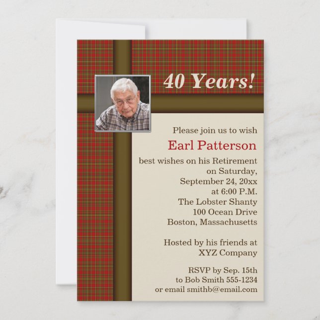 Red Plaid, Brown and Beige Retirement Invitation (Front)