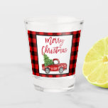 Red Plaid Brush Script Vintage Truck Christmas Shot Glass<br><div class="desc">Brush Script,  Red Plaid,  Watercolor Vintage Red Truck with Christmas Tree - Merry Christmas Shot Glass</div>