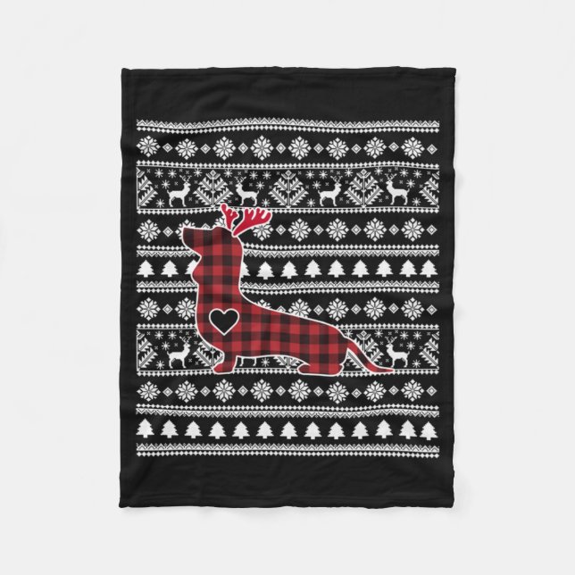 Red Plaid Buffalo Dachshund Dog Christmas Fleece Blanket (Front)