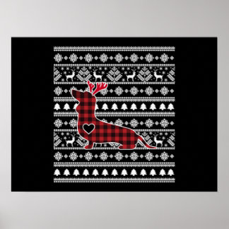 Red Plaid Buffalo Dachshund Dog Christmas Poster