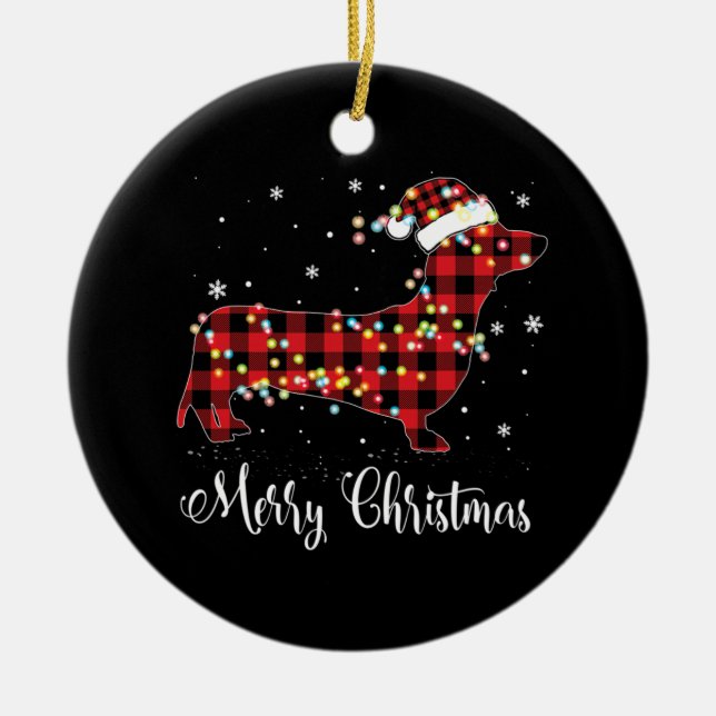 Red Plaid Buffalo Dachshund Merry Christmas Pajama Ceramic Tree Decoration (Front)