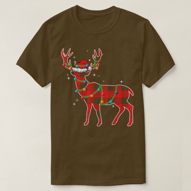 Red Plaid Buffalo Deer Christmas Pyjamas Xmas Ligh T-Shirt (Design Front)