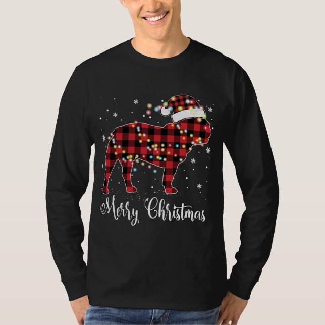 Red Plaid Buffalo French Bulldog Merry Christmas P T-Shirt (Front)