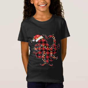 Red Plaid Buffalo Octopus Christmas Lights Pyjamas T-Shirt