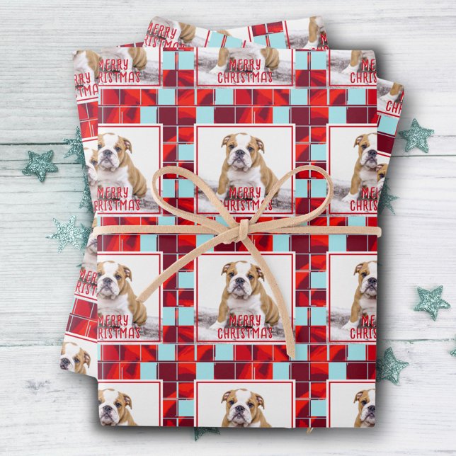 Red Plaid Bulldog Dog Photo Merry Christmas  Wrapping Paper Sheet (Creator Uploaded)