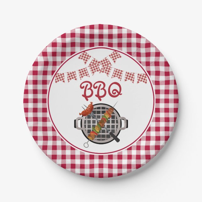 Red Plaid Bunting Banner BBQ Party Paper Plate (Front)