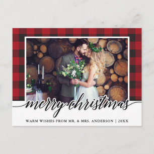 Red Plaid Calligraphy Wedding Merry Christmas Postcard