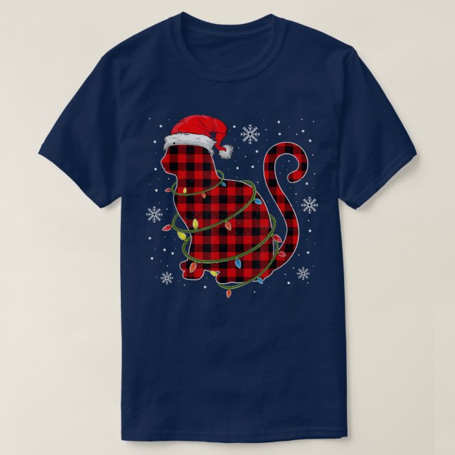 Red Plaid Cat Santa Hat Christmas Pajamas Family X T-Shirt (Design Front)