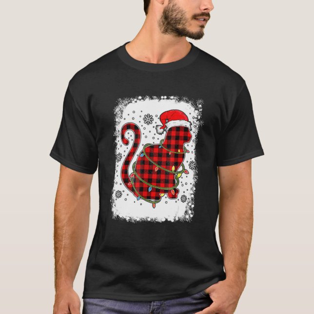 Red Plaid Cat Santa Hat Christmas Pyjamas Family X T-Shirt (Front)