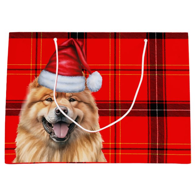 Red Plaid Christmas Chow Chow Dog  Large Gift Bag (Front)