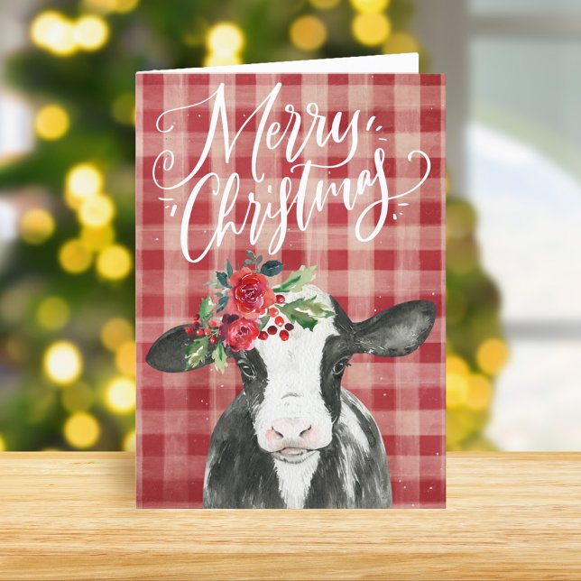Red Plaid Christmas Cow Holiday Card (Creator Uploaded)