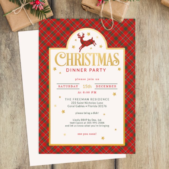 Red Plaid Christmas Dinner Party Holiday Invite (Christmas Dinner Party Invitation)
