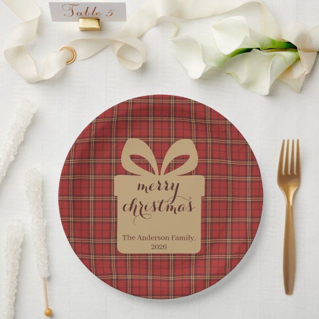 Red Plaid Christmas Festive Pattern -  Paper Plate (Wedding)