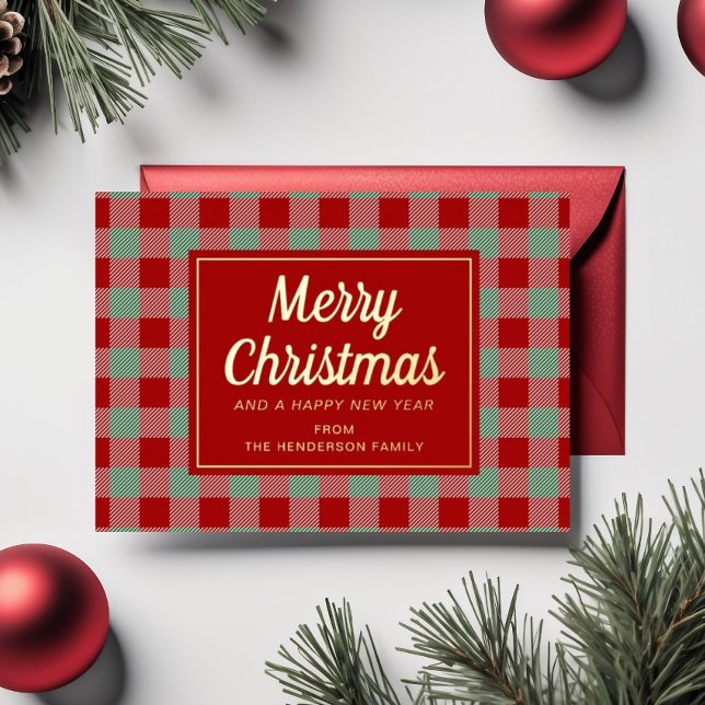 Red Plaid Christmas Gold  (Red Plaid Christmas Gold Foil Holiday Card)