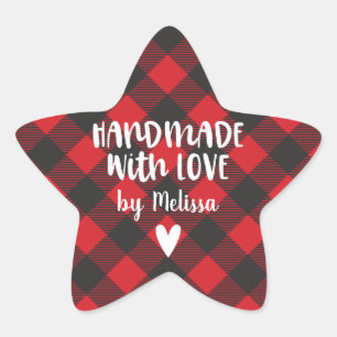 Red Plaid Christmas Handmade With Love Classic Star Sticker