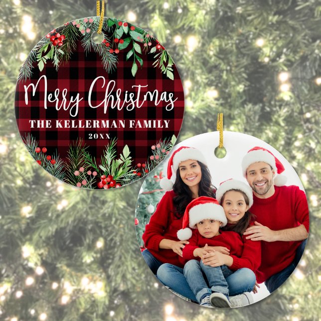 Red Plaid Christmas Photo Ceramic Tree Decoration (Greenery Red Plaid Merry Christmas Photo Ceramic Ornament)