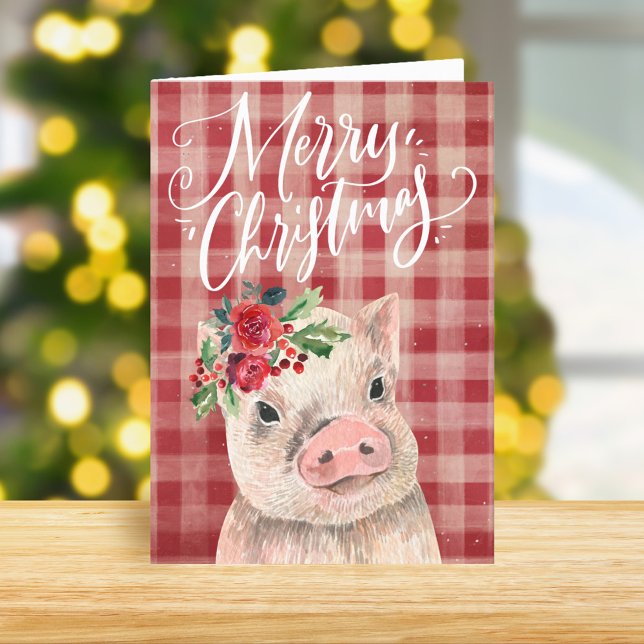 Red Plaid Christmas Pig Holiday Card (Creator Uploaded)