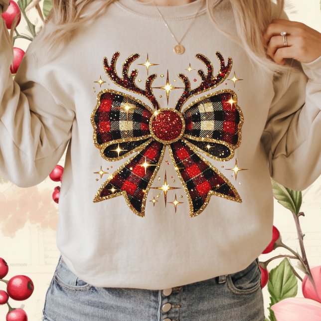 Red Plaid Christmas Reindeer Bow-Coquette Bow T-Shirt (Creator Uploaded)