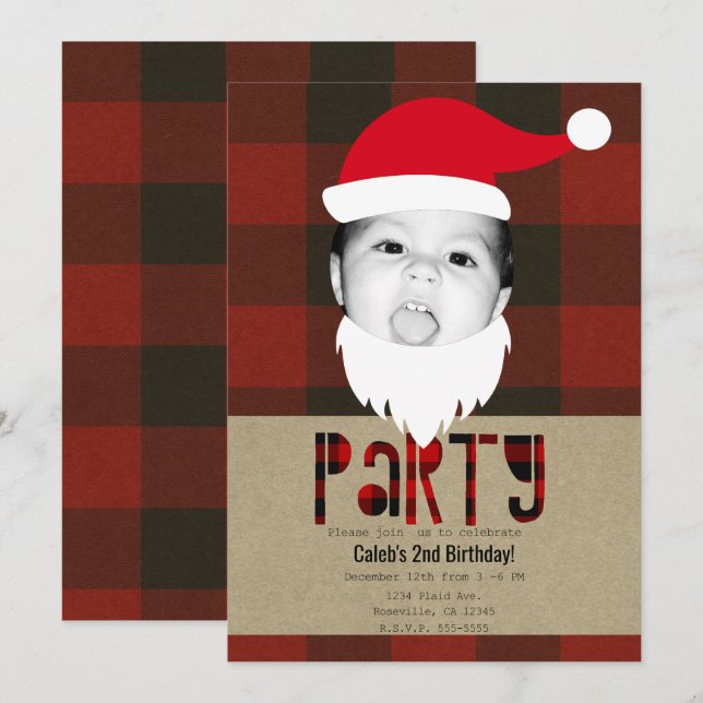 Red Plaid Christmas Santa Face Photo Holiday Party Invitation (Front/Back)