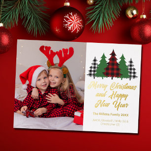 Red Plaid Christmas Trees Family Photo Gold