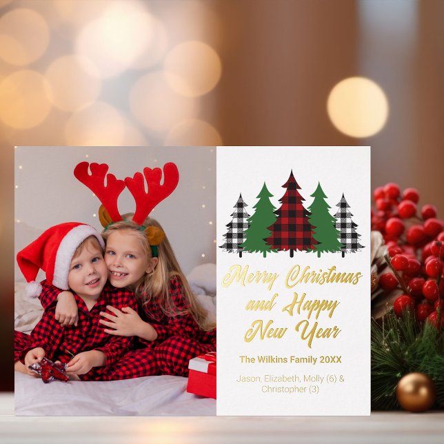 Red Plaid Christmas Trees Family Photo Gold Foil Holiday Postcard (Creator Uploaded)