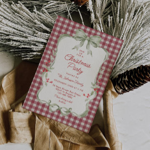 Red Plaid Coquette Bow Wreath Christmas Party Invitation