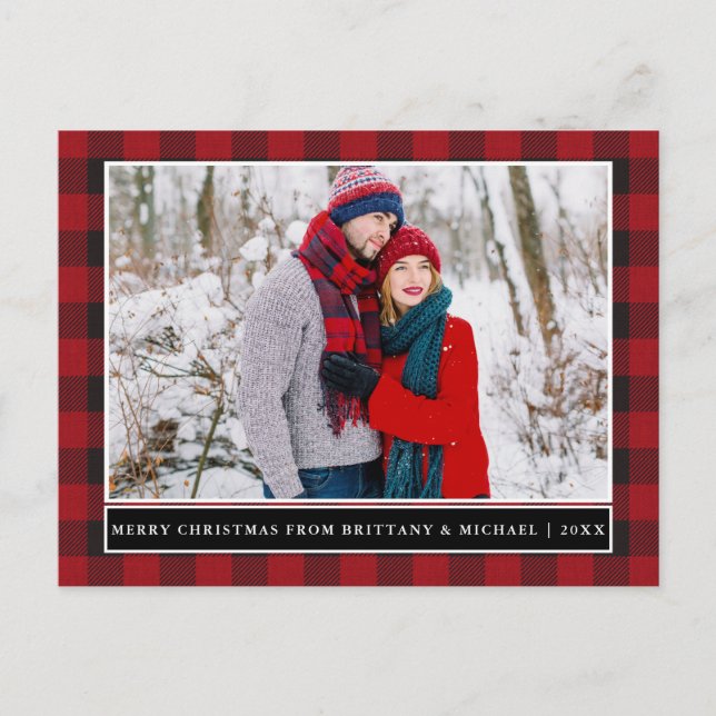 Red Plaid Couple Photo Merry Christmas Postcard (Front)