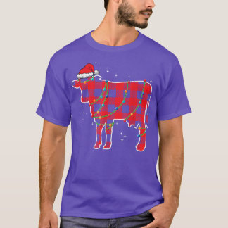 Red Plaid Cow Bull Christmas Lights Funny Xmas San T-Shirt