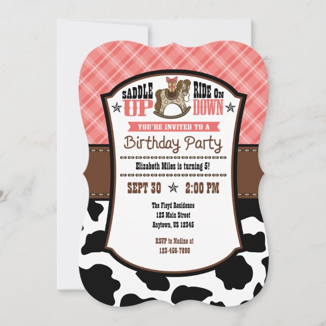 Red Plaid Cowhide Cowboy Birthday Invite (Front)