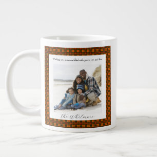 Red Plaid Cozy Christmas Retro Monogram 2 Photo Large Coffee Mug
