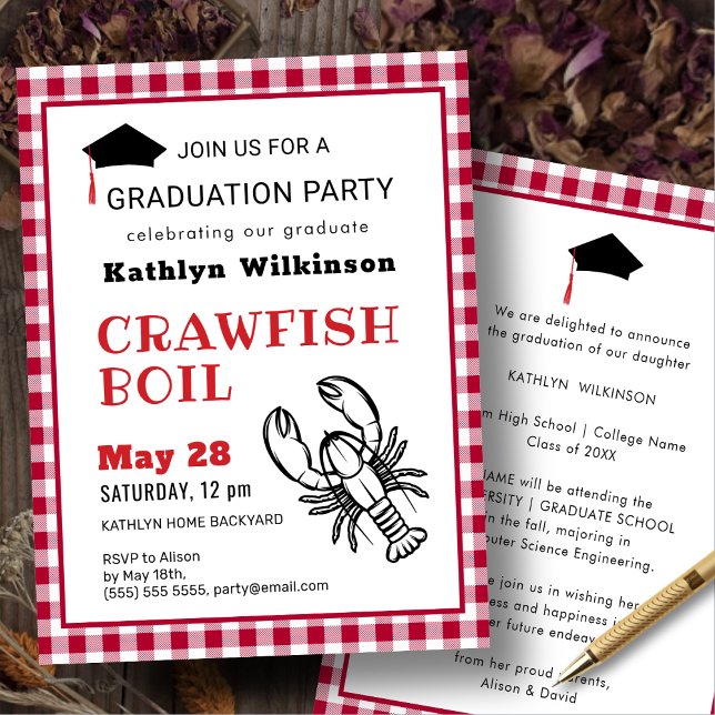 Red Plaid Crawfish Boil BBQ Graduation Party Invitation (Creator Uploaded)